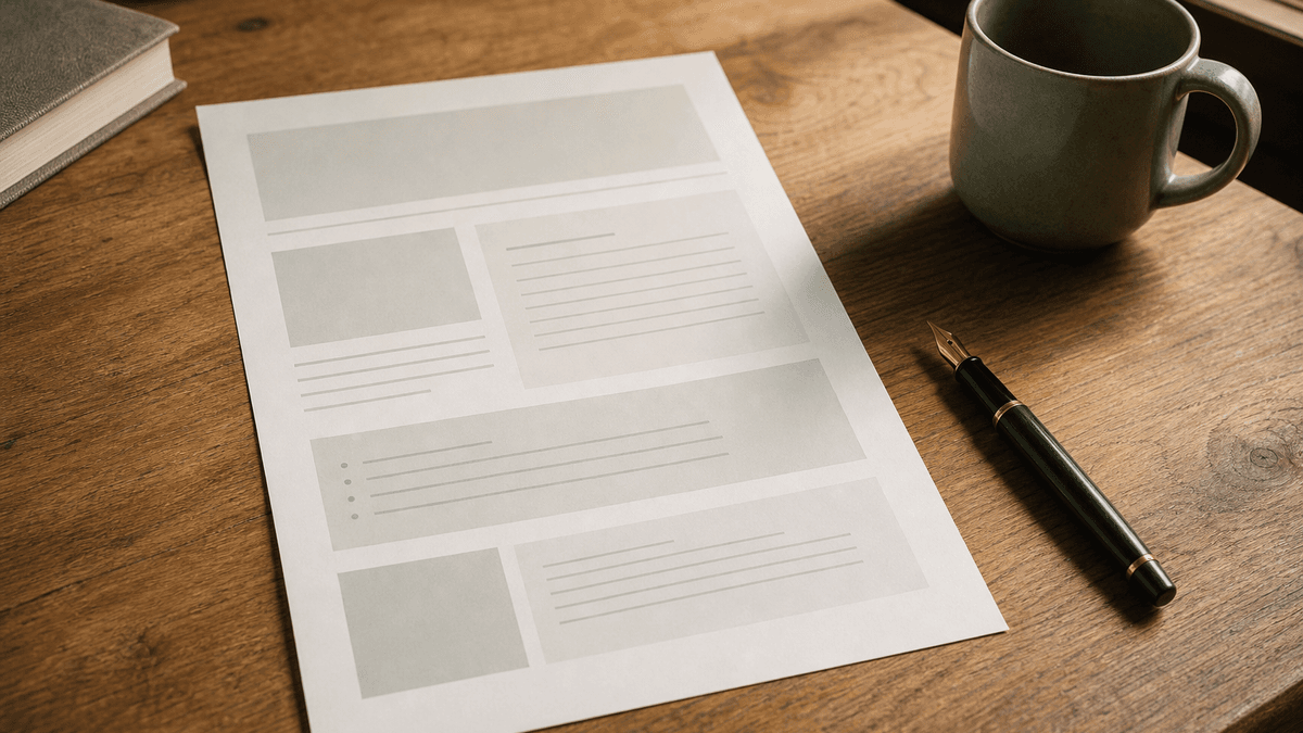 One page, five sections, assembled from five sources