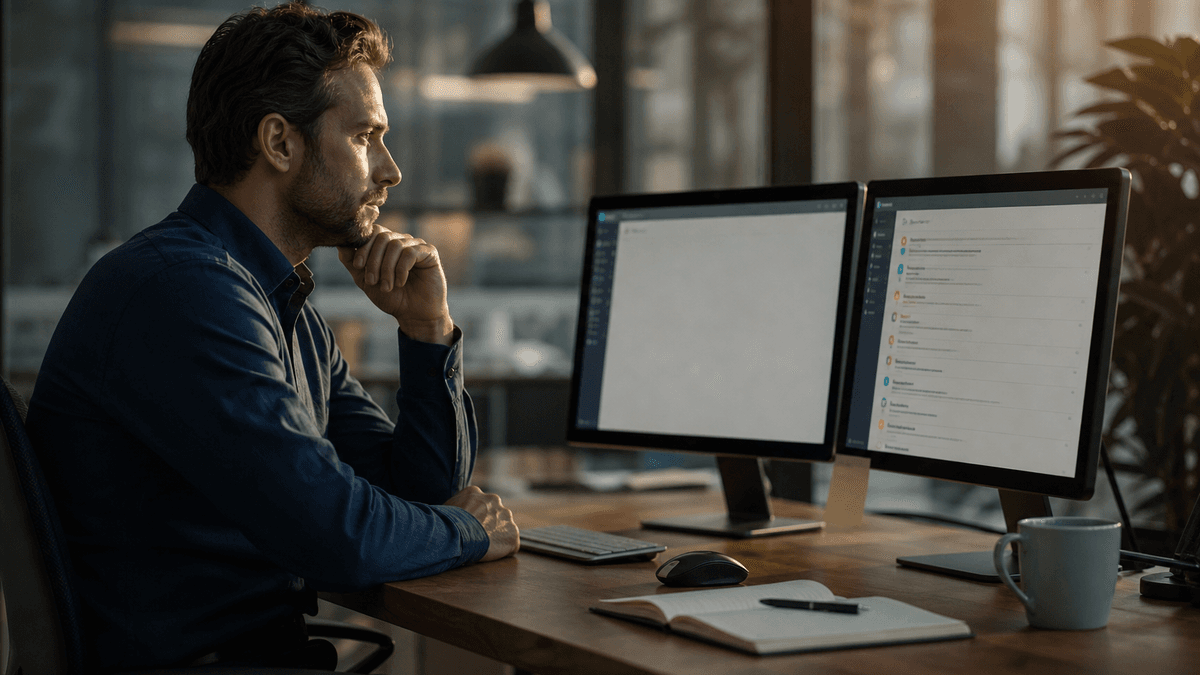 A chat window waiting for a prompt next to an inbox that already has work done